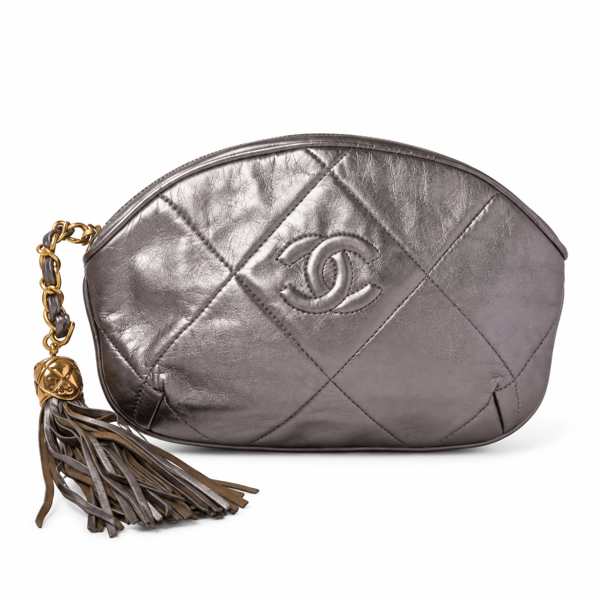 Chanel Vintage Metallic Grey Quilted Lambskin CC Tassel Clutch