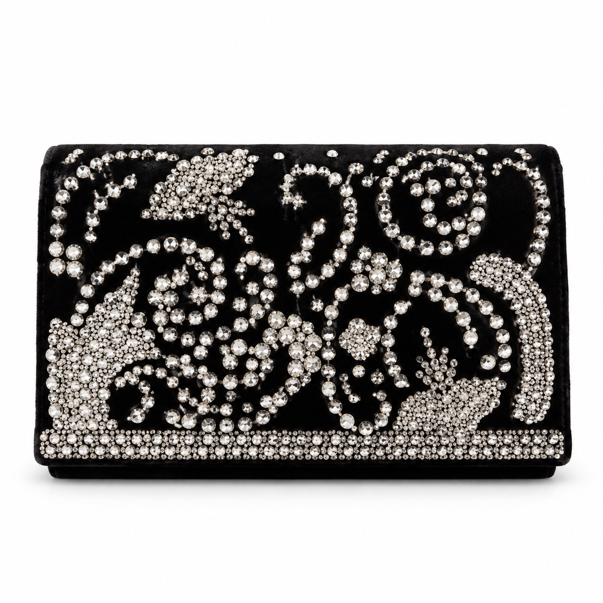 Black Velvet Crystal-Embellished Evening Clutch