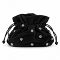 Black Velvet Crystal Flower Drawstring Evening Pouch
