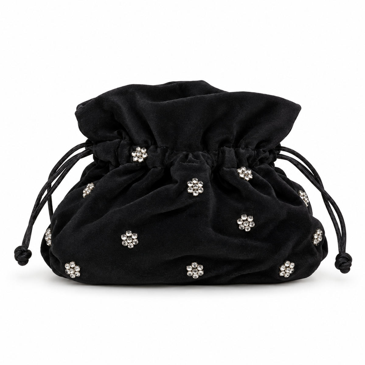 Black Velvet Crystal Flower Drawstring Evening Pouch