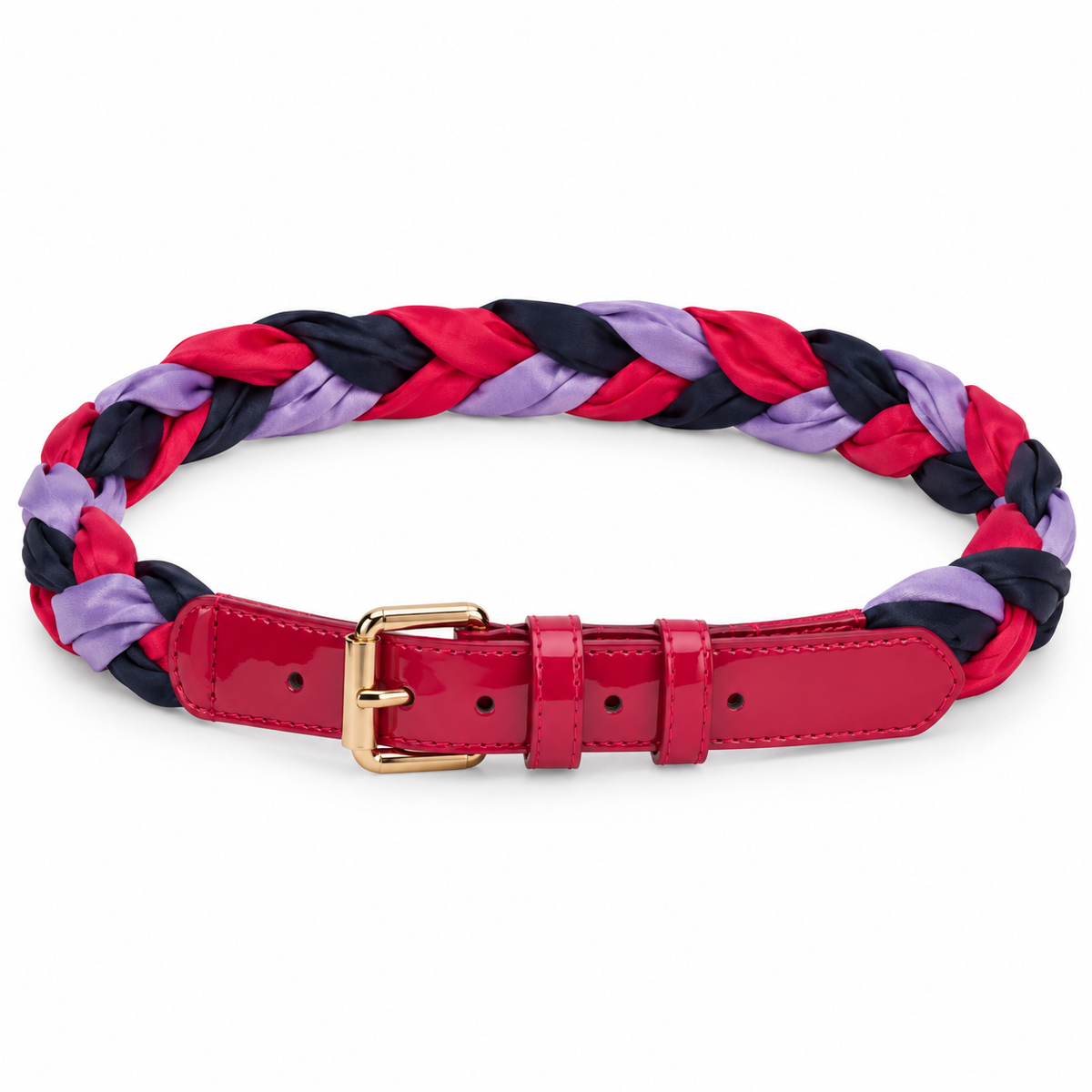Multicolour Braided Satin Belt – Red, Navy & Lilac with Patent Leather Trim
