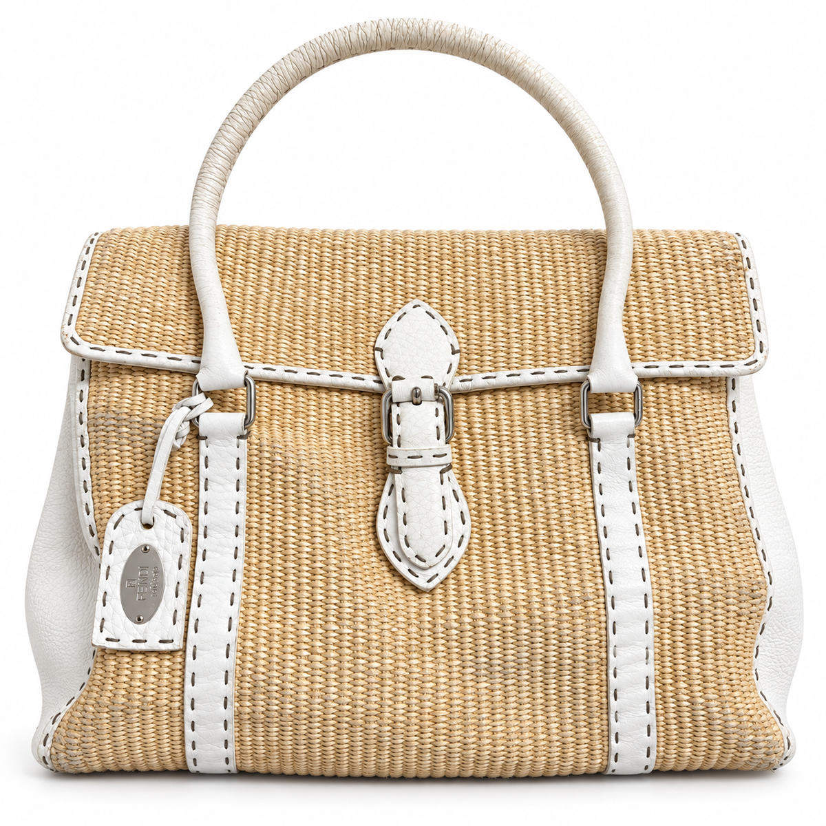 Fendi Selleria Mini Linda – Raffia & White Grained Leather