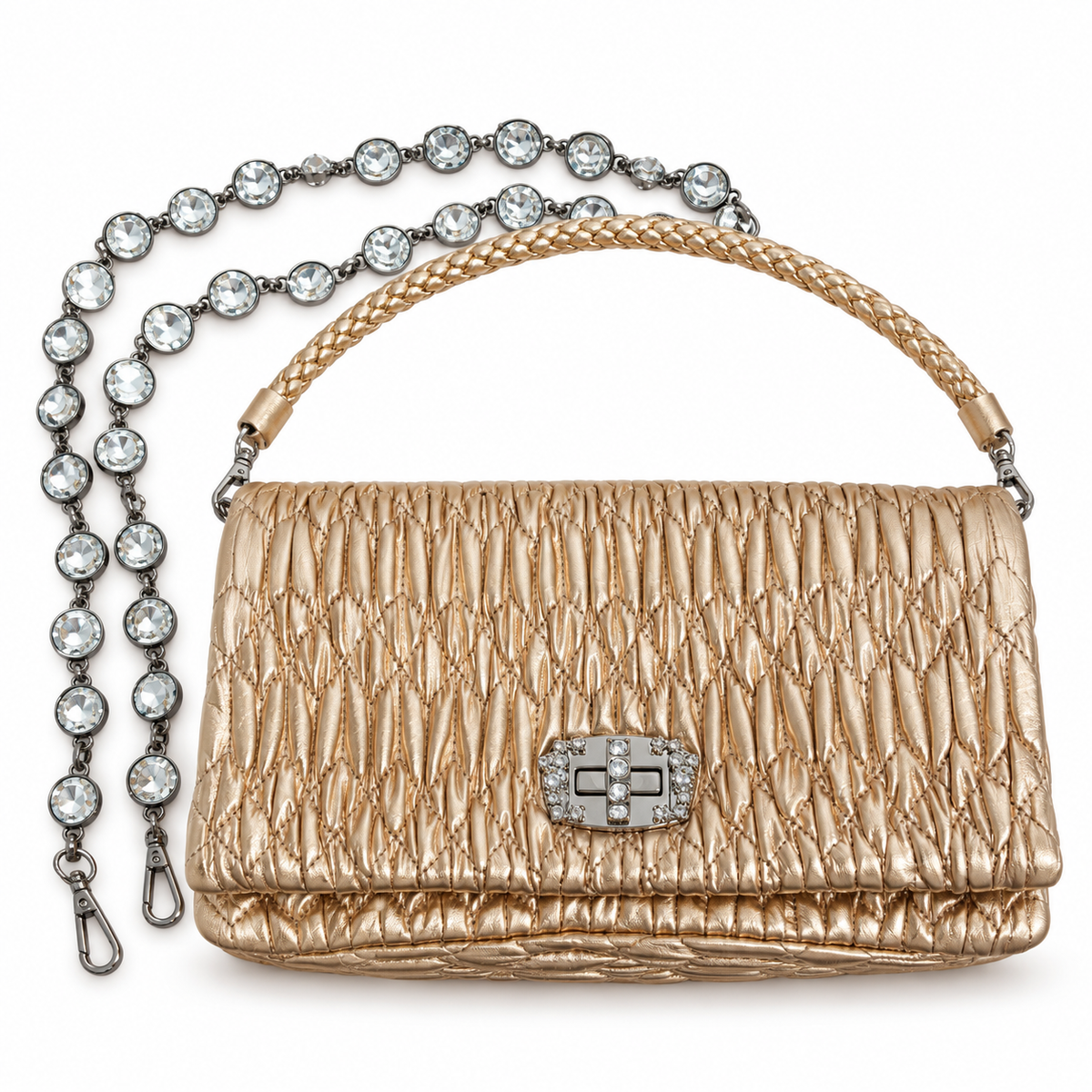Miu Miu Medium Matelassé Crystal Chain Bag – Metallic Gold