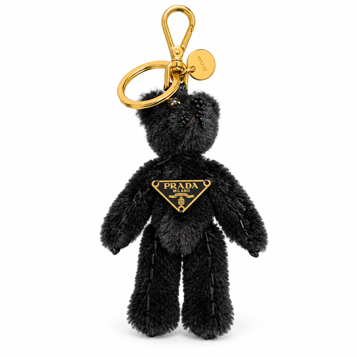 Prada Triangle Logo Black Bear Keychain Bag Charm – Beaded, Gold-Tone Hardware