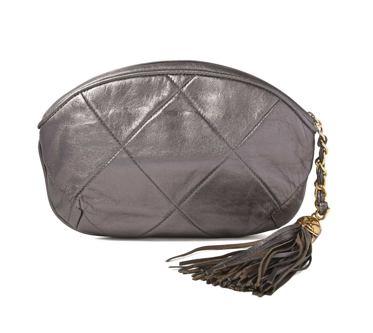 Chanel Vintage Metallic Grey Quilted Lambskin CC Tassel Clutch