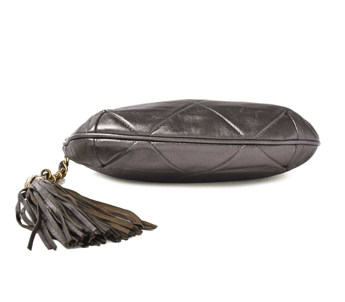 Chanel Vintage Metallic Grey Quilted Lambskin CC Tassel Clutch